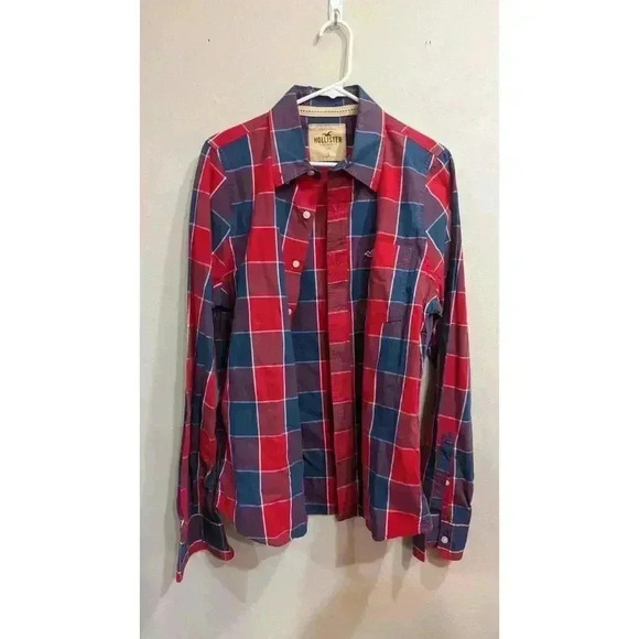 Men's red and navy Hollister long Sleeve button up shirt 100% cotton size L - Picture 1 of 6